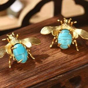 NEW! 14K Gold Plated Stunning Turquoise Bee Post Earrings